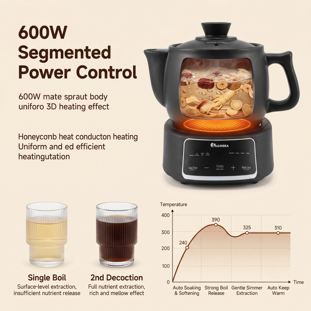 IAGREEA 3.5L Split Electric Herbal Decoction Pot, 600W Food-Grade Glazed Ceramic Herbal Medicine Cooker with 24H Delay Timer, Auto Keep Warm & 2nd Decoction Function, Segmented Boil & Simmer Heating, 4 Preset Modes for Herbal Tea