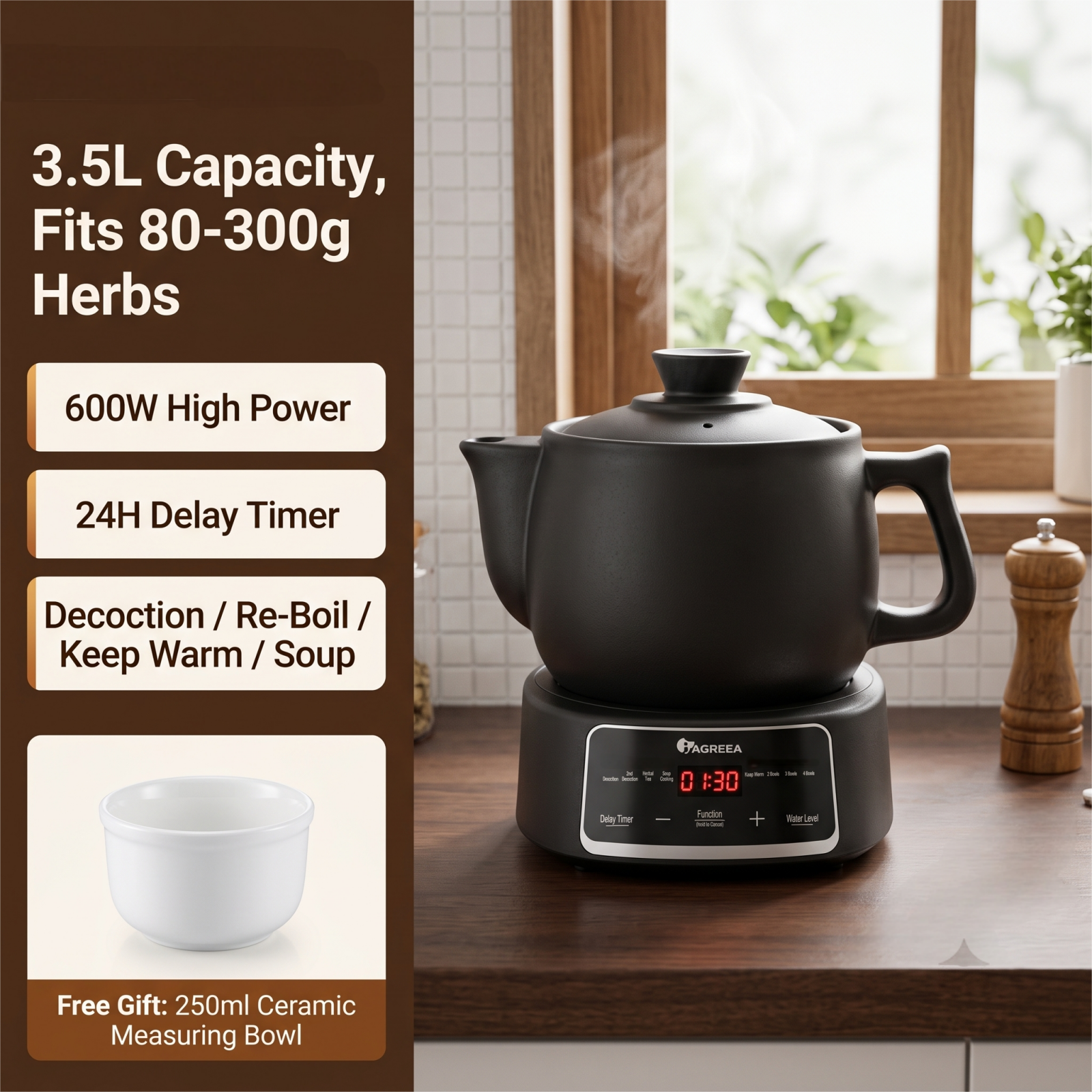 IAGREEA 3.5L Split Electric Herbal Decoction Pot, 600W Food-Grade Glazed Ceramic Herbal Medicine Cooker with 24H Delay Timer, Auto Keep Warm & 2nd Decoction Function, Segmented Boil & Simmer Heating, 4 Preset Modes for Herbal Tea