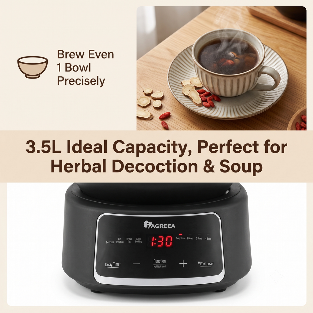 IAGREEA 3.5L Split Electric Herbal Decoction Pot, 600W Food-Grade Glazed Ceramic Herbal Medicine Cooker with 24H Delay Timer, Auto Keep Warm & 2nd Decoction Function, Segmented Boil & Simmer Heating, 4 Preset Modes for Herbal Tea