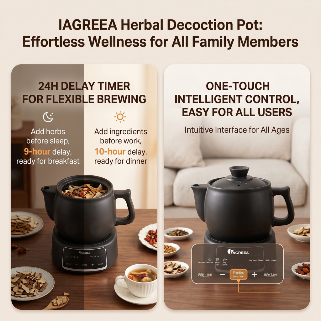 IAGREEA 3.5L Split Electric Herbal Decoction Pot, 600W Food-Grade Glazed Ceramic Herbal Medicine Cooker with 24H Delay Timer, Auto Keep Warm & 2nd Decoction Function, Segmented Boil & Simmer Heating, 4 Preset Modes for Herbal Tea