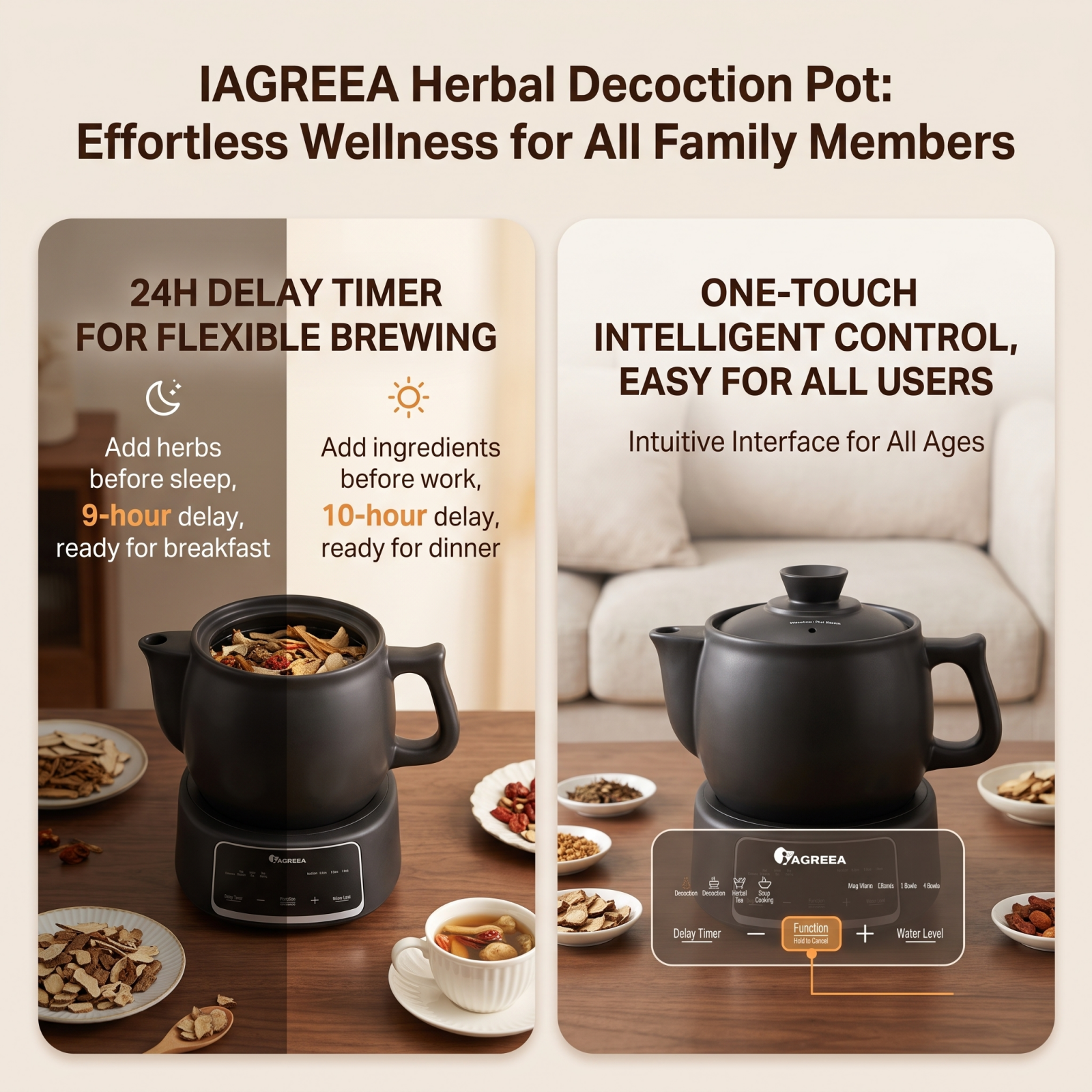 IAGREEA 3.5L Split Electric Herbal Decoction Pot, 600W Food-Grade Glazed Ceramic Herbal Medicine Cooker with 24H Delay Timer, Auto Keep Warm & 2nd Decoction Function, Segmented Boil & Simmer Heating, 4 Preset Modes for Herbal Tea