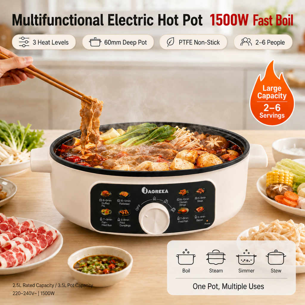 IAGREEA Multifunctional Electric Hot Pot 3.5L Large Capacity 1500W Fast Heating Non-Stick Electric Skillet with 3 Adjustable Heat Levels, 8 Cooking Presets, 60mm Deep Pan for Pan-Fry, Steam, Hot Pot, Steak, Dumplings
