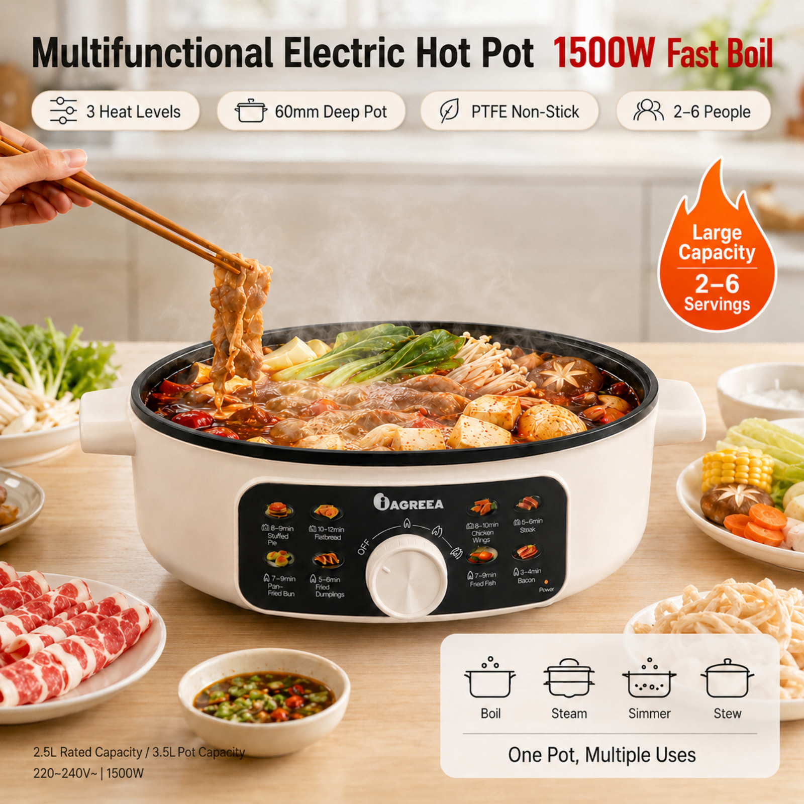 IAGREEA Multifunctional Electric Hot Pot 3.5L Large Capacity 1500W Fast Heating Non-Stick Electric Skillet with 3 Adjustable Heat Levels, 8 Cooking Presets, 60mm Deep Pan for Pan-Fry, Steam, Hot Pot, Steak, Dumplings