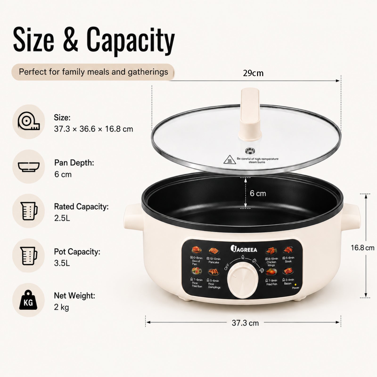 IAGREEA Multifunctional Electric Hot Pot 3.5L Large Capacity 1500W Fast Heating Non-Stick Electric Skillet with 3 Adjustable Heat Levels, 8 Cooking Presets, 60mm Deep Pan for Pan-Fry, Steam, Hot Pot, Steak, Dumplings
