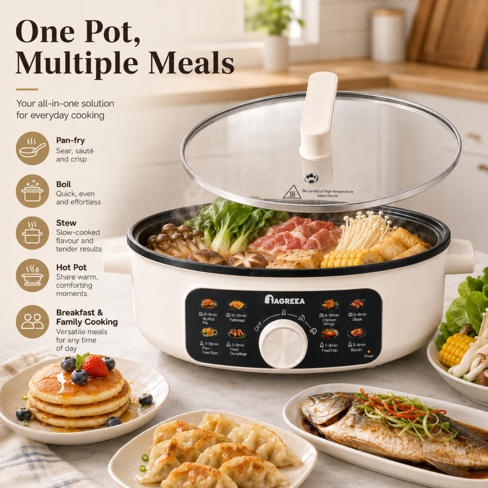 IAGREEA Multifunctional Electric Hot Pot 3.5L Large Capacity 1500W Fast Heating Non-Stick Electric Skillet with 3 Adjustable Heat Levels, 8 Cooking Presets, 60mm Deep Pan for Pan-Fry, Steam, Hot Pot, Steak, Dumplings