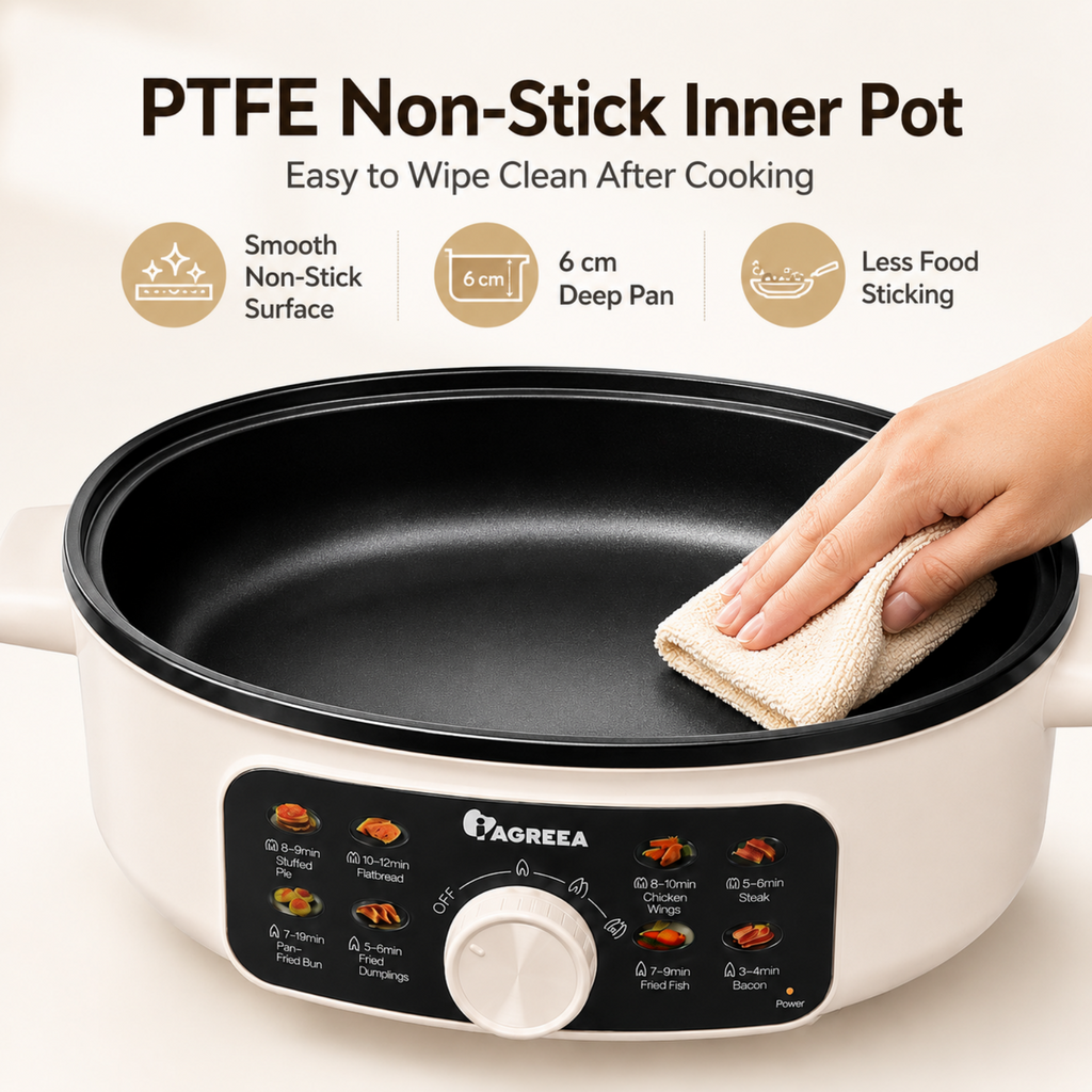 IAGREEA Multifunctional Electric Hot Pot 3.5L Large Capacity 1500W Fast Heating Non-Stick Electric Skillet with 3 Adjustable Heat Levels, 8 Cooking Presets, 60mm Deep Pan for Pan-Fry, Steam, Hot Pot, Steak, Dumplings