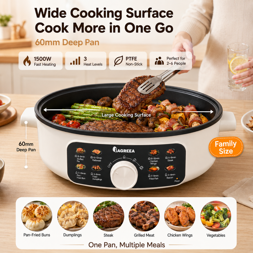 IAGREEA Multifunctional Electric Hot Pot 3.5L Large Capacity 1500W Fast Heating Non-Stick Electric Skillet with 3 Adjustable Heat Levels, 8 Cooking Presets, 60mm Deep Pan for Pan-Fry, Steam, Hot Pot, Steak, Dumplings