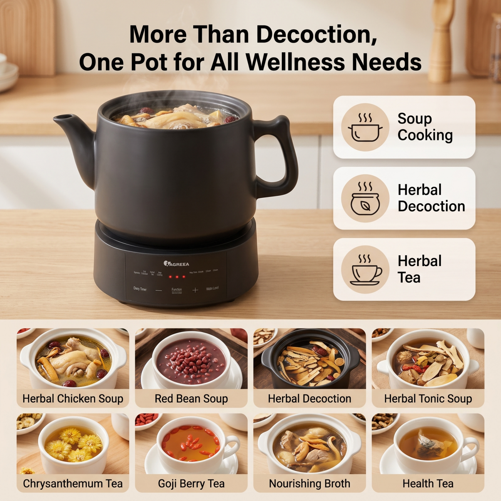 IAGREEA 4.5L Split Electric Herbal Decoction Pot, 600W Programmable Herbal Tea Maker with 24H Delay Timer & Auto Keep Warm, Food-Grade Glazed Ceramic Herbal Brewer Kettle, 4 Preset Modes & Adjustable Water Level