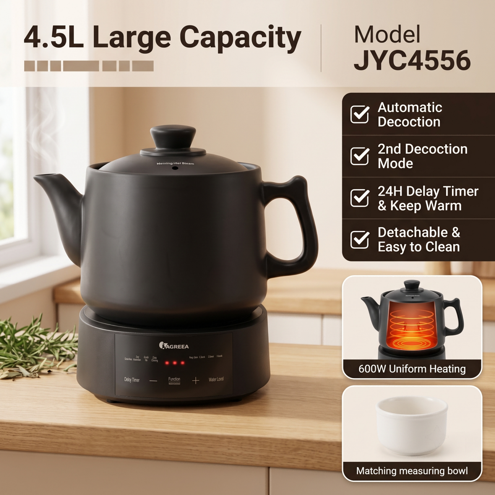 IAGREEA 4.5L Split Electric Herbal Decoction Pot, 600W Programmable Herbal Tea Maker with 24H Delay Timer & Auto Keep Warm, Food-Grade Glazed Ceramic Herbal Brewer Kettle, 4 Preset Modes & Adjustable Water Level