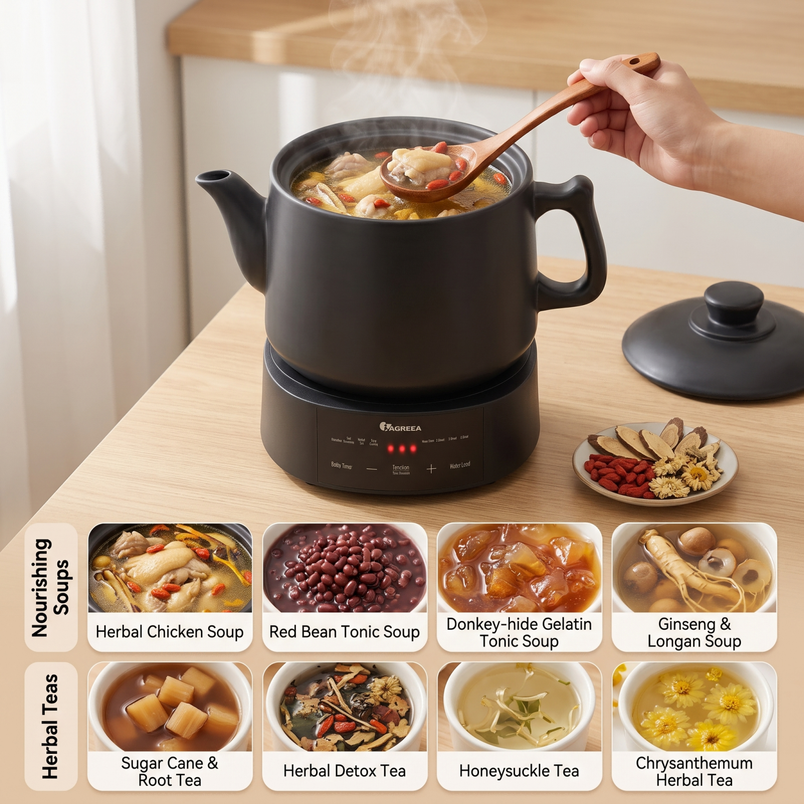 IAGREEA 4.5L Split Electric Herbal Decoction Pot, 600W Programmable Herbal Tea Maker with 24H Delay Timer & Auto Keep Warm, Food-Grade Glazed Ceramic Herbal Brewer Kettle, 4 Preset Modes & Adjustable Water Level