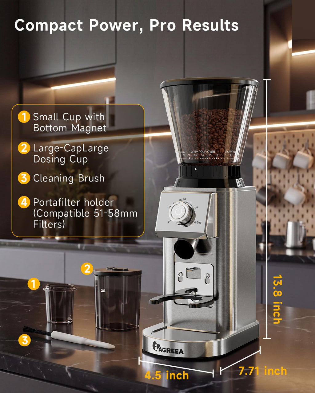 IAGREEA Coffee Grinder for Home Use, Conical Burr Espresso Grinder 48 Grind | 450RPM Low-Speed Anti-Static, Precision Timer For Drip, French Press, Cold Brew, No Mess, Metallic Silver