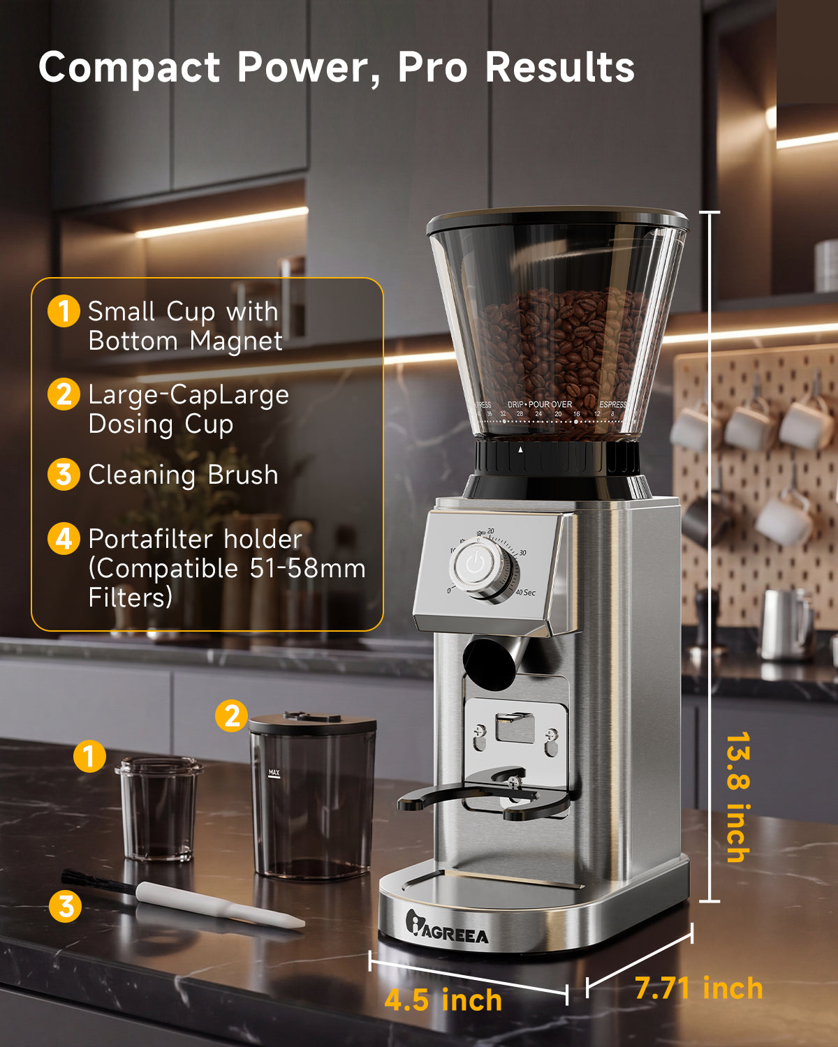 IAGREEA Coffee Grinder for Home Use, Conical Burr Espresso Grinder 48 Grind | 450RPM Low-Speed Anti-Static, Precision Timer For Drip, French Press, Cold Brew, No Mess, Metallic Silver