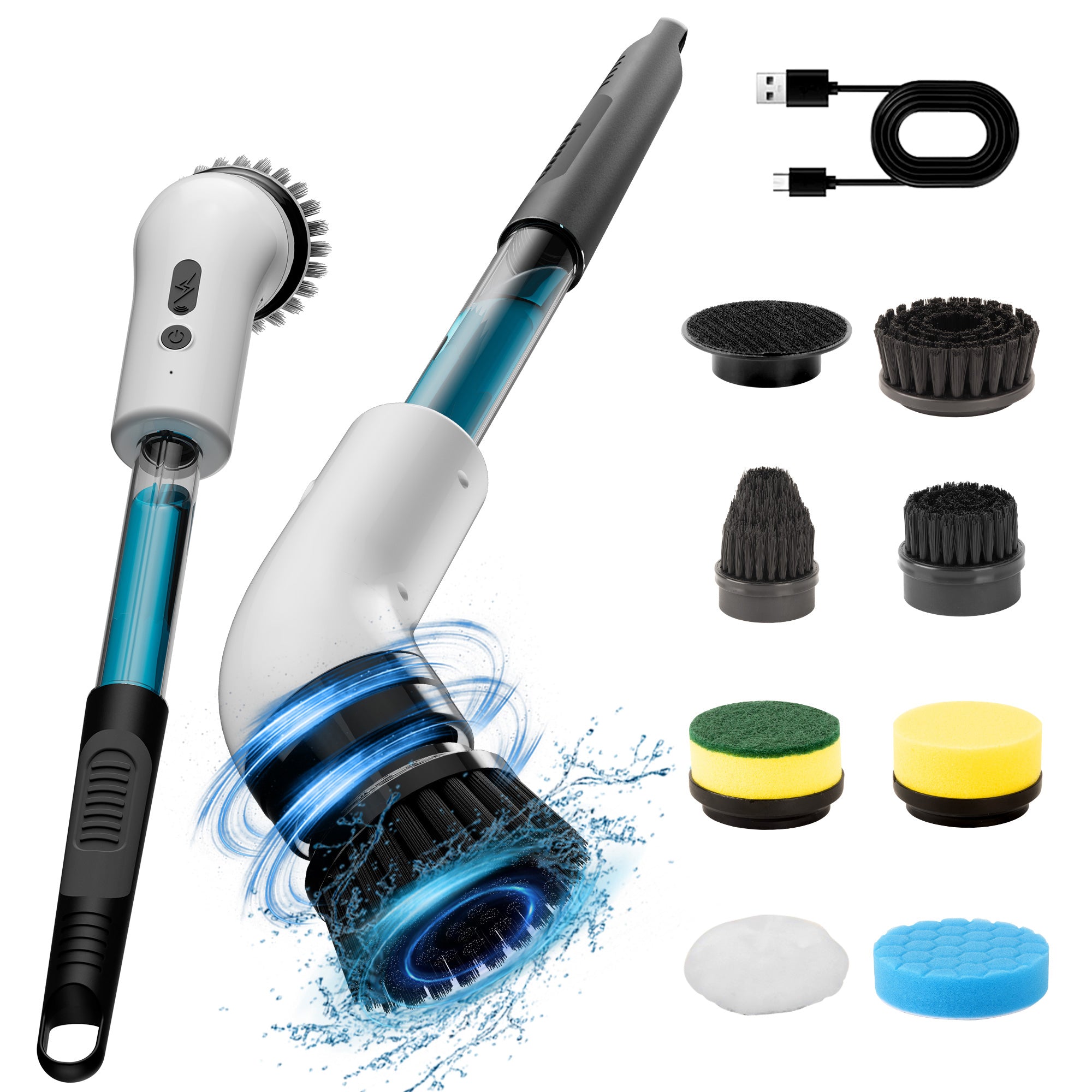 IAGREEA Electric Spin Scrubber with Built‑in Detergent Container, Cordless Rechargeable Cleaning Brush 2 Speed 170‑200RPM, 8 Replaceable Brush Heads, 1500mAh Battery for Bathroom Bathtub Tile Floor Kitchen Stove Car Cleaning