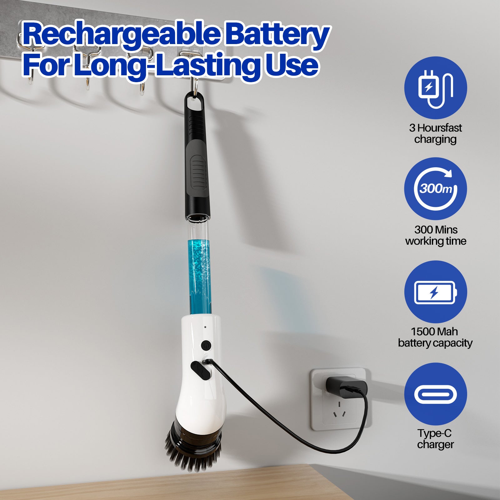 IAGREEA Electric Spin Scrubber with Built‑in Detergent Container, Cordless Rechargeable Cleaning Brush 2 Speed 170‑200RPM, 8 Replaceable Brush Heads, 1500mAh Battery for Bathroom Bathtub Tile Floor Kitchen Stove Car Cleaning
