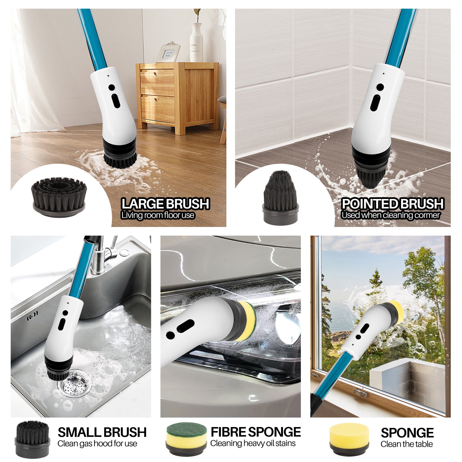 IAGREEA Electric Spin Scrubber with Built‑in Detergent Container, Cordless Rechargeable Cleaning Brush 2 Speed 170‑200RPM, 8 Replaceable Brush Heads, 1500mAh Battery for Bathroom Bathtub Tile Floor Kitchen Stove Car Cleaning