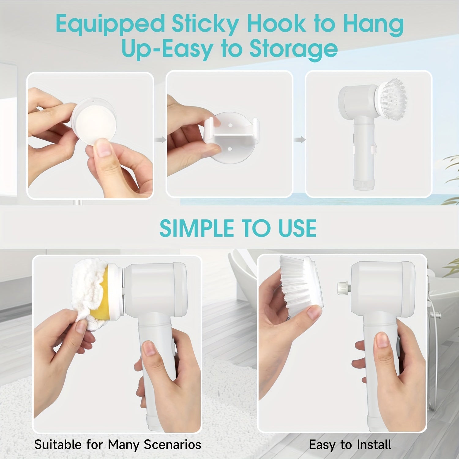 IAGREEA Handheld Electric Spin Scrubber, USB Rechargeable Cordless Power Cleaning Brush with 6 Replaceable Brush Heads & Adhesive Hook, Portable Lightweight Shower Scrubber for Bathroom, Bathtub, Sink, Stove, Tile, Car