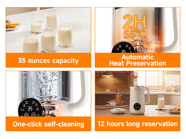 Nut Milk Maker Machine, 35oz Soy/Almond/Oat Milk/Juice Maker, White | 12H Delay, 2H Preservation, 8 Programs, BPA-Free, Self-Cleaning, Suitable for 4-5 People, 10 Stainless Steel Blade