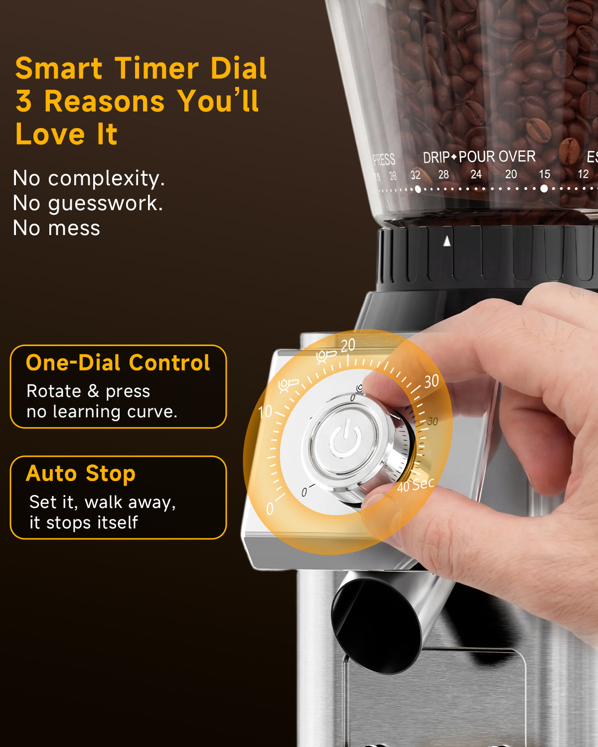 IAGREEA Coffee Grinder for Home Use, Conical Burr Espresso Grinder 48 Grind | 450RPM Low-Speed Anti-Static, Precision Timer For Drip, French Press, Cold Brew, No Mess, Metallic Silver