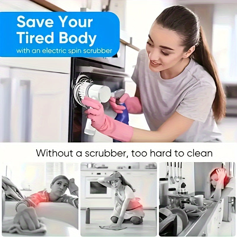 IAGREEA Handheld Electric Spin Scrubber, USB Rechargeable Cordless Power Cleaning Brush with 6 Replaceable Brush Heads & Adhesive Hook, Portable Lightweight Shower Scrubber for Bathroom, Bathtub, Sink, Stove, Tile, Car