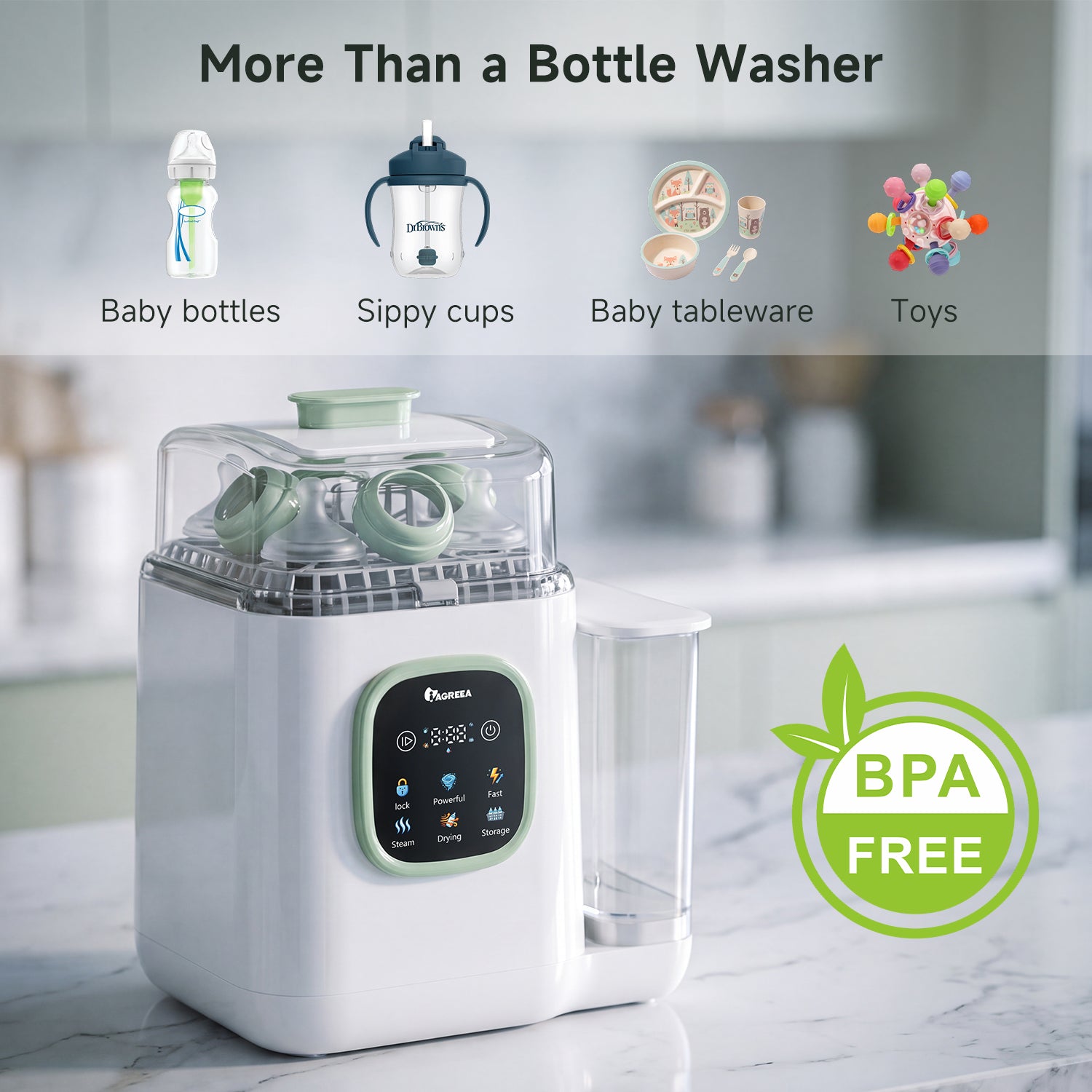 IAGREEA Baby Bottle Washer, 4-in-1 Cleaning Machine Fit 8 Bottles Pump Parts & Baby Essentials Cleaning/Storage/Dry, 30 Spray Holes, Visualized Water Tank, BPA Free, No Hand Washing Required