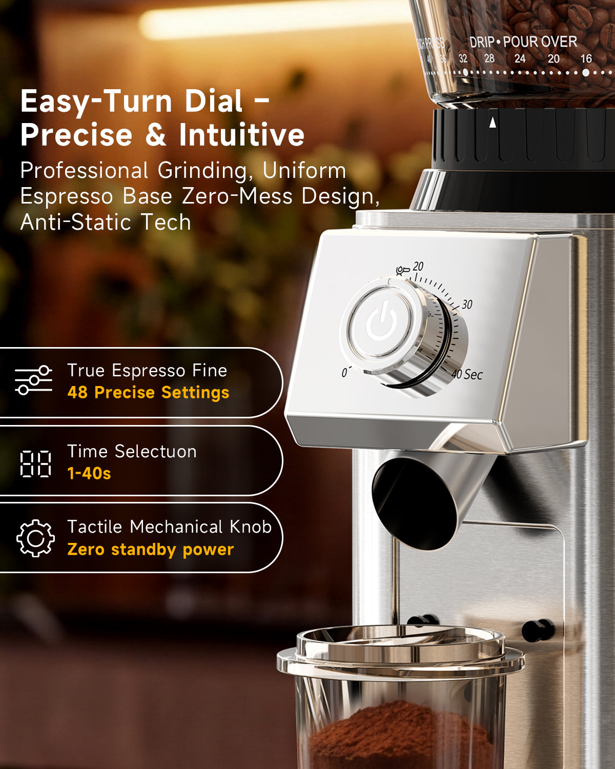 IAGREEA Coffee Grinder for Home Use, Conical Burr Espresso Grinder 48 Grind | 450RPM Low-Speed Anti-Static, Precision Timer For Drip, French Press, Cold Brew, No Mess, Metallic Silver