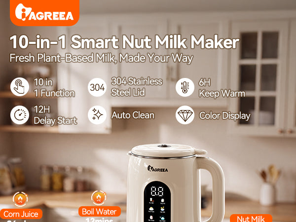 IAGREEA 10-in-1 Nut Milk Maker Machine, 42oz Soy Milk Blender | Large Capacity, No Soak/12H Delay/2H Keep Warm for Homemade Almond/Oat, Juice, Plant-Based & Dairy Free for Family & Party