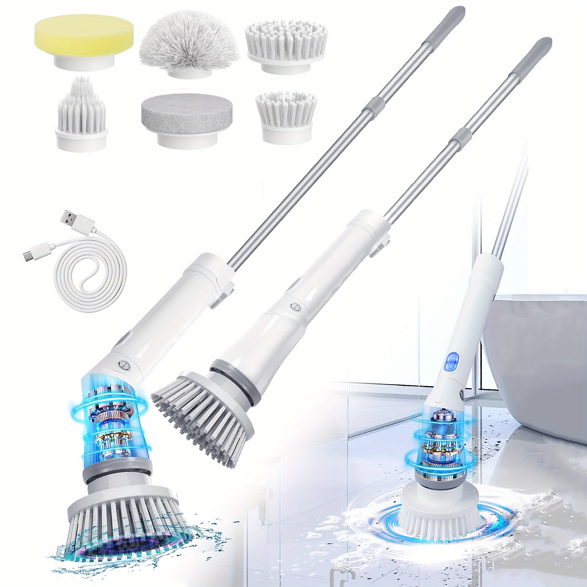 IAGREEA 6-Head Electric Spin Scrubber, Shower Brush, Extension Handle | cordless power scrubber, adjustable reach, two speed control, IPX7 waterproof, bathroom floor, tile grout, tub edges, shower